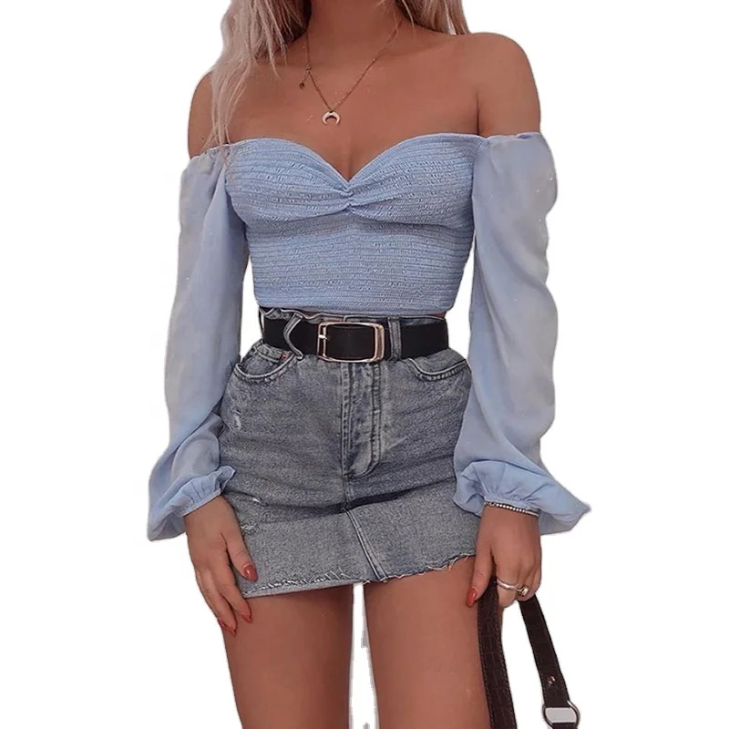 

European and American fashion thin summer women's new shoulder lantern sleeve navel long sleeve T-shirt