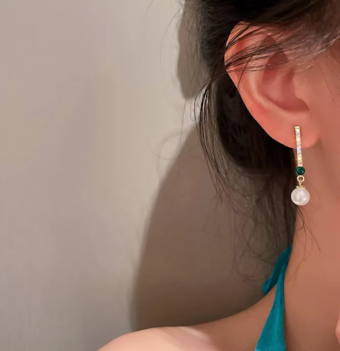 

Real gold plated 925 silver needle pearl zircon pendant Japanese and Korean elegant sweet wedding gift earrings