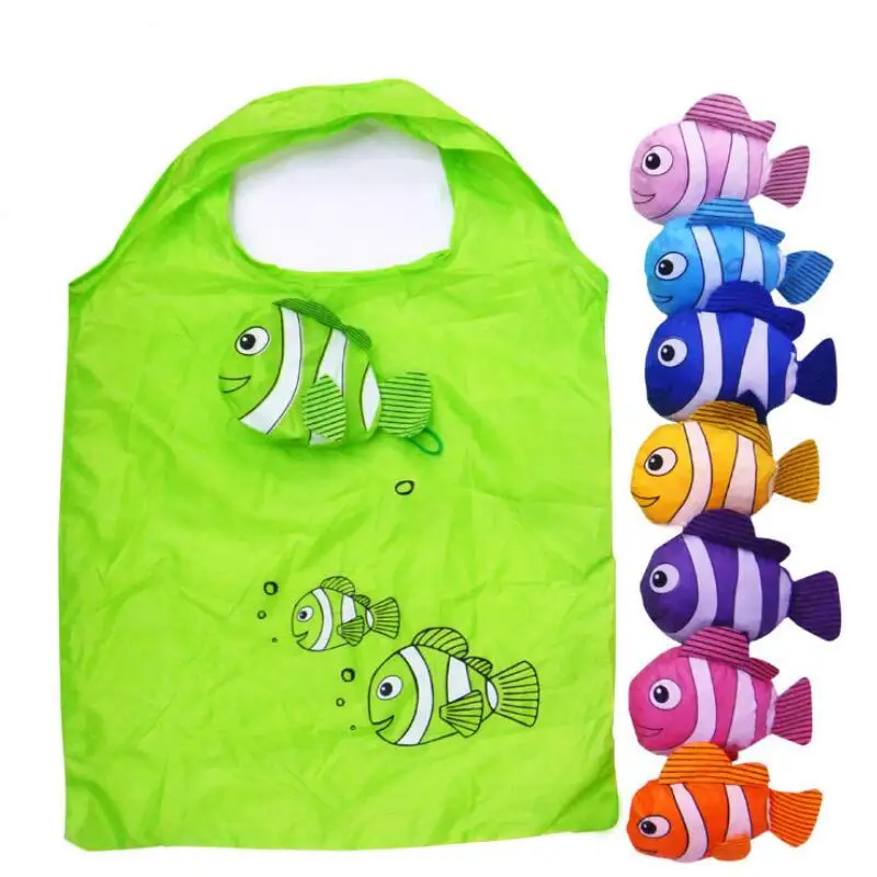

H425 Home Storage Bags Grocery Tote Travel Nylon Reusable Handbag Multi Colour Cute Cartoon Fish Foldable Shopping Bag