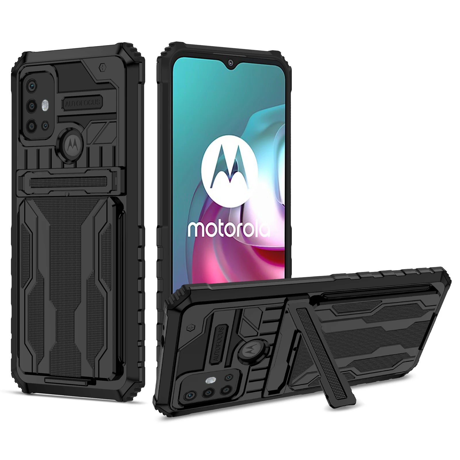 

Luxury TPU PC Hybrid Shockproof Phone Case with Detachable Card Holder and Kickstand For Motorola MOTO G30, As pictures