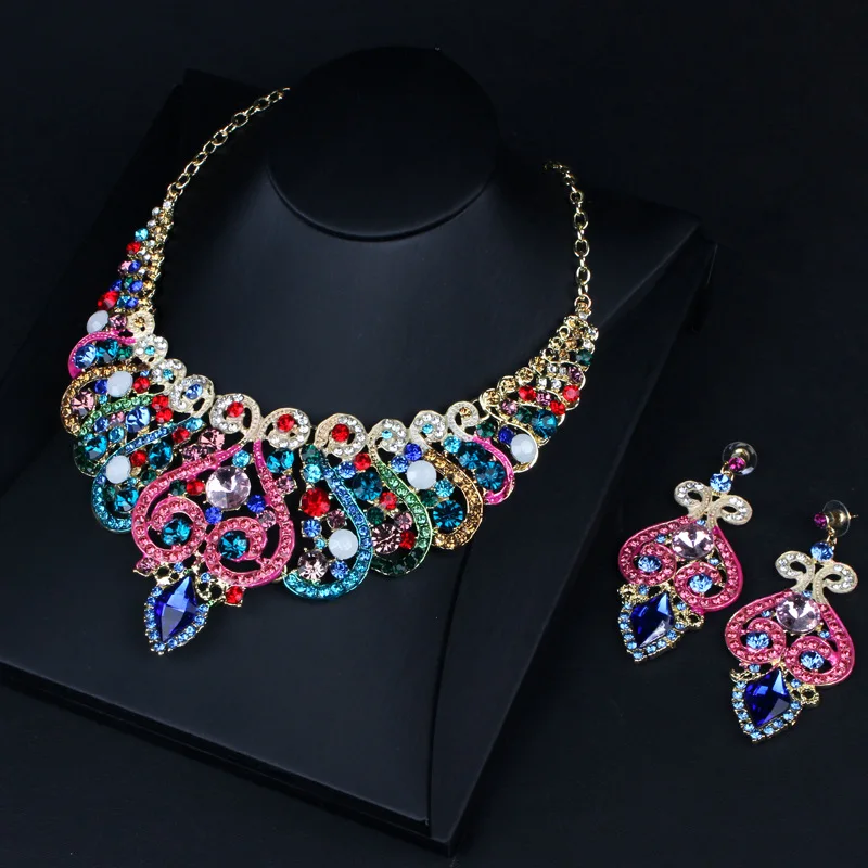 

Fashion Women Jewelry High Quality Crystal Flower Necklaces Earrings Set Vintage Choker Collar Chain Statement Necklaces, 2 different colors available