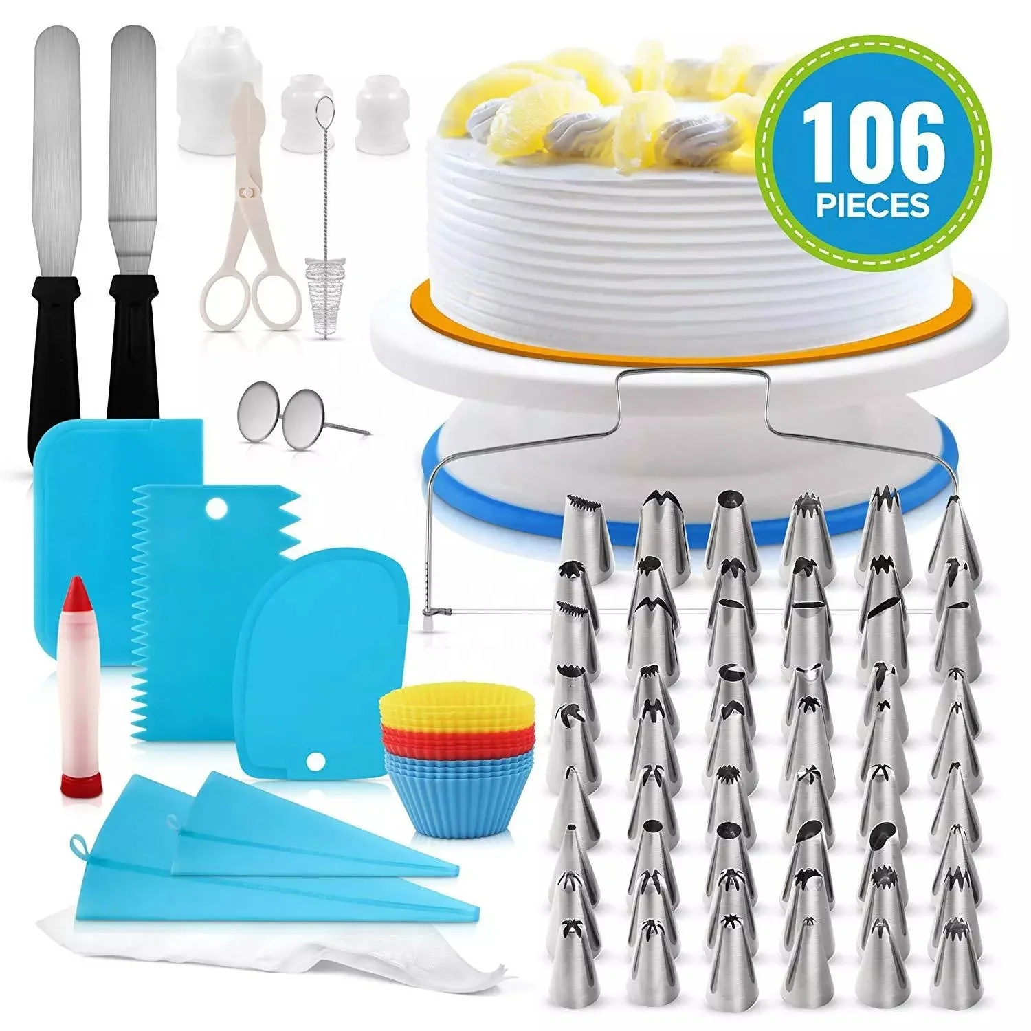 

106 PCS Hot Sale Cake Decorating Tip Set Baking Supplies Rotating Cake Stand Turntable Tools Kit Plastic Cake Stand Icing Tips
