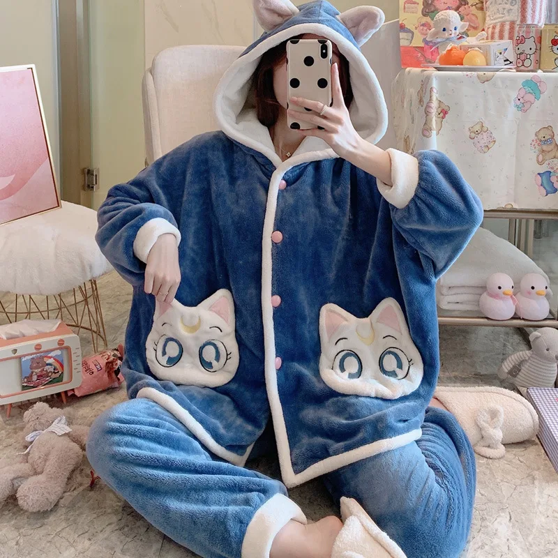 

sailor moon Nightgown flannel coral pyjamas female cartoon winter plus size long sleeve home dress hooded suit, Customized colors