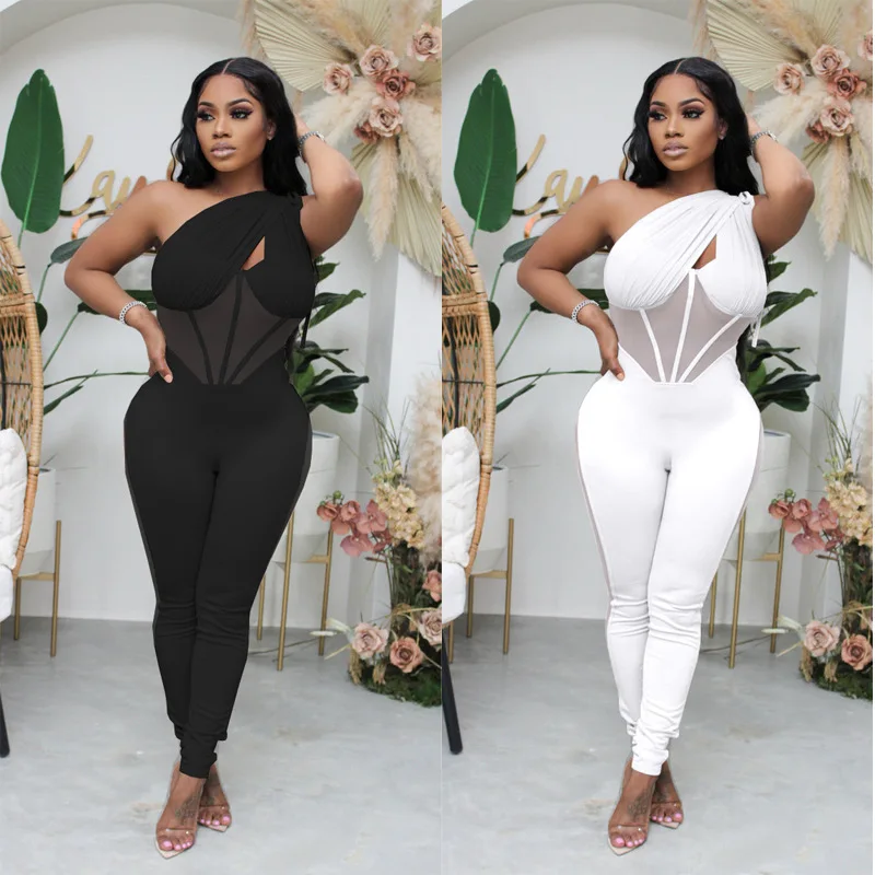 

New Design Fashion Summer Mesh Patchwork One Piece Jumpsuit One Shoulder Sleeveless Bodycon Long Jumpsuits Women
