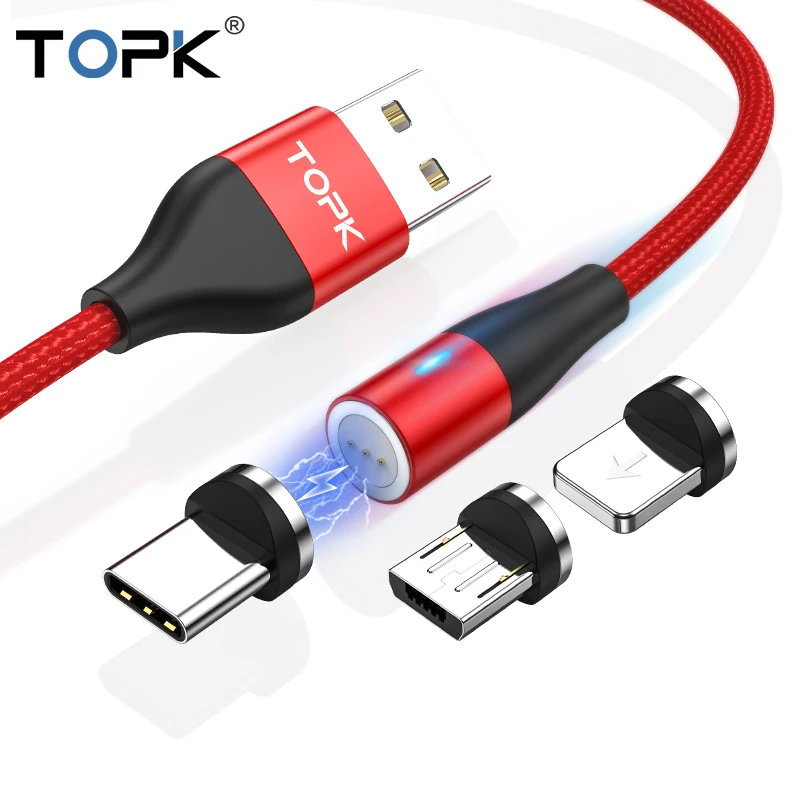 

TOPK AM60 1M 2020 Upgrade 3rd Gen 3A Fast Charging LED Magnetic Micro USB Type C Cable, Black/red/blue