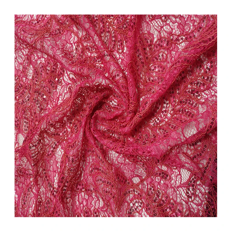 

2021 Hot New Rose Red rope embroidery lace fabric sequin fabric 3mm embroidered sequin fabric for women dress, Accept customized color