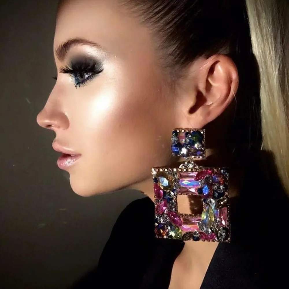 

New Hollow Geometric Crystal Statement Drop Earrings Bohemian Metal Colorful Crystal Design Dangle Earring for Women Girl