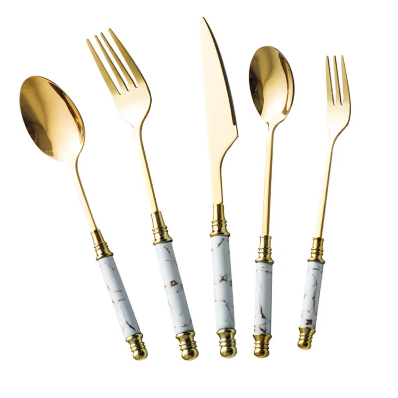 

Reusable Cutlery Stainless Steel porcelain handle Portable Wedding Travel Cutlery Set, Golden