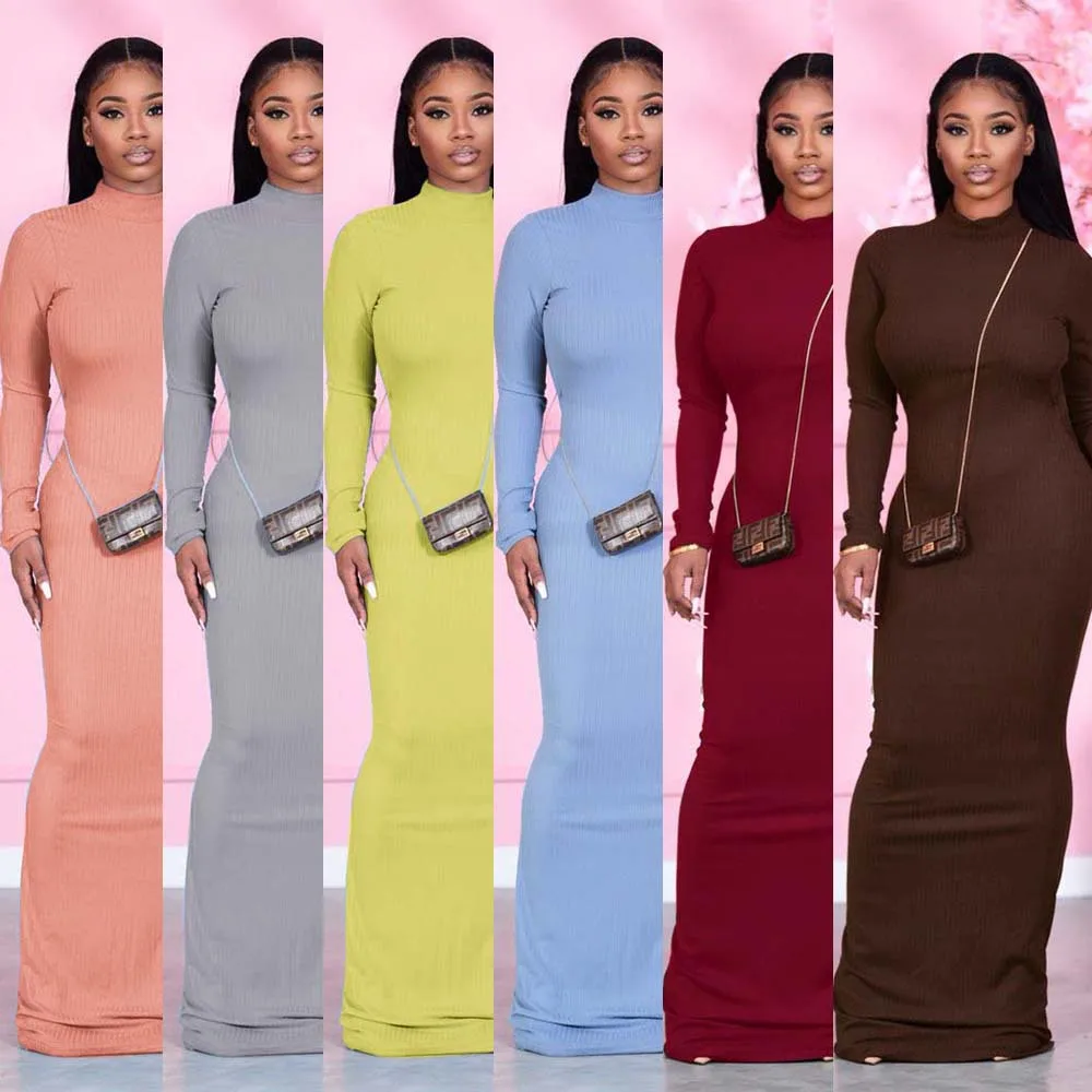 

F262 Zoom Life Casual Solid Sheath Dress Mock-Neck Long Sleeve Ribbed Stretchy Maxi 2021 New Arrival Dress Vestidos, 6color