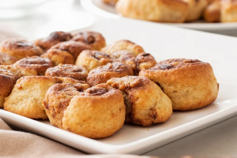 Assortment of sticky cinnamon rolls with pecans and caramel sauce dripping down the sides