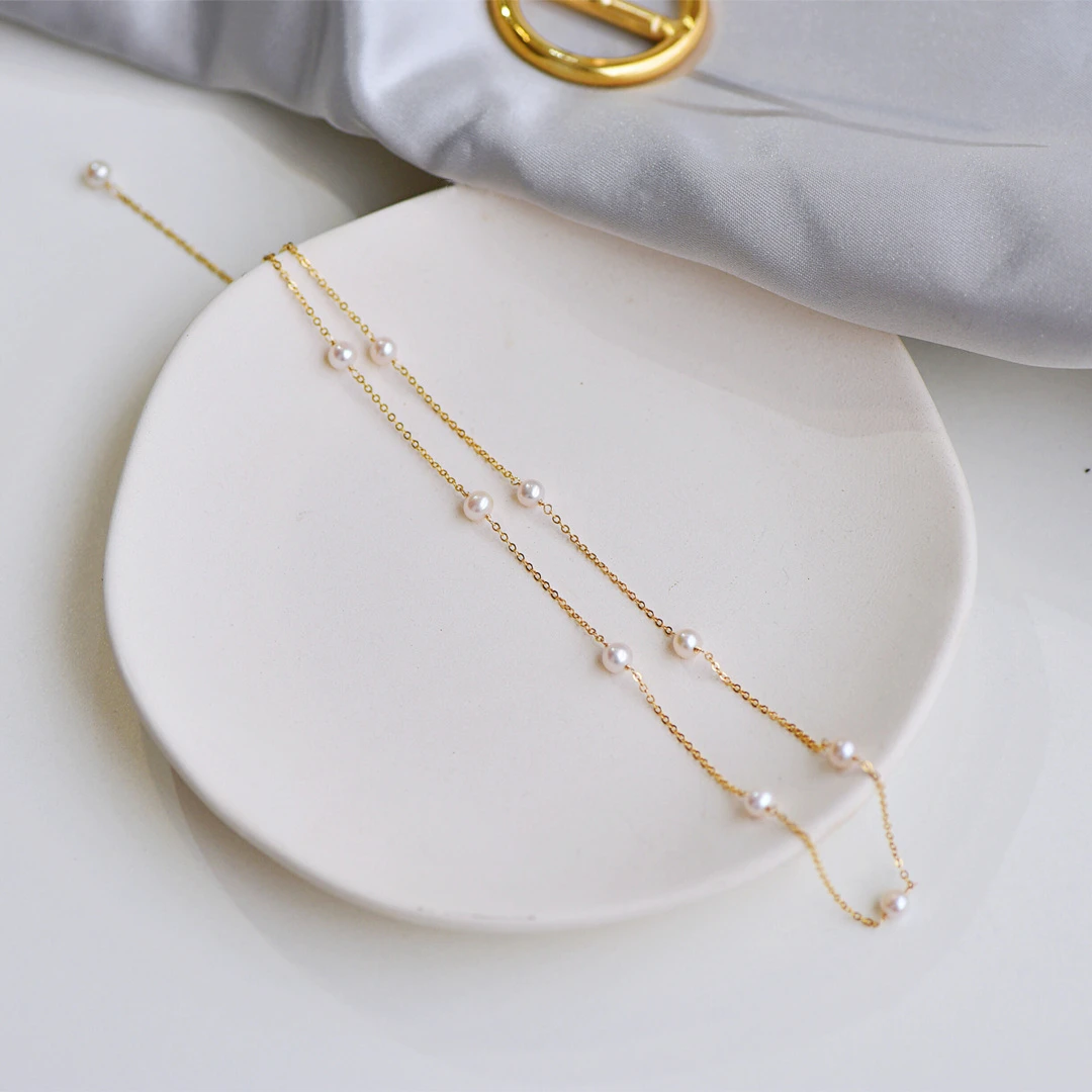 Handmade 14k  Gold Filled Korean Jewelry White Round Rice Pearl Vintage  Freshwater Pearl Necklace