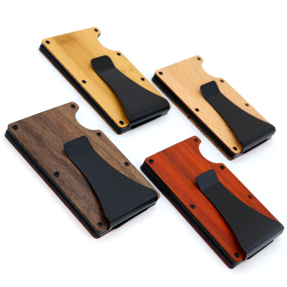 

2022 Hot Minimalist RFID Blocking ID Card holder wood Wallet With Slim Holder Mini Card Sleeve front pocket wallet Money Clip, Optional