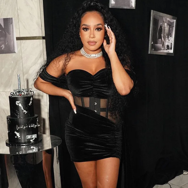 

2021 New night club wear velvet 2 piece Ruffle skirt set black dress women sexy nighty clubwear ladies off shoulder mesh dresses
