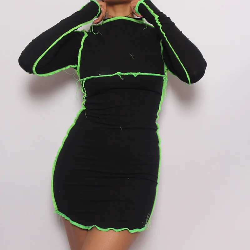 

2020 New Arrival Women Autumn Long Sleeve contrast color long dress women casual dresses