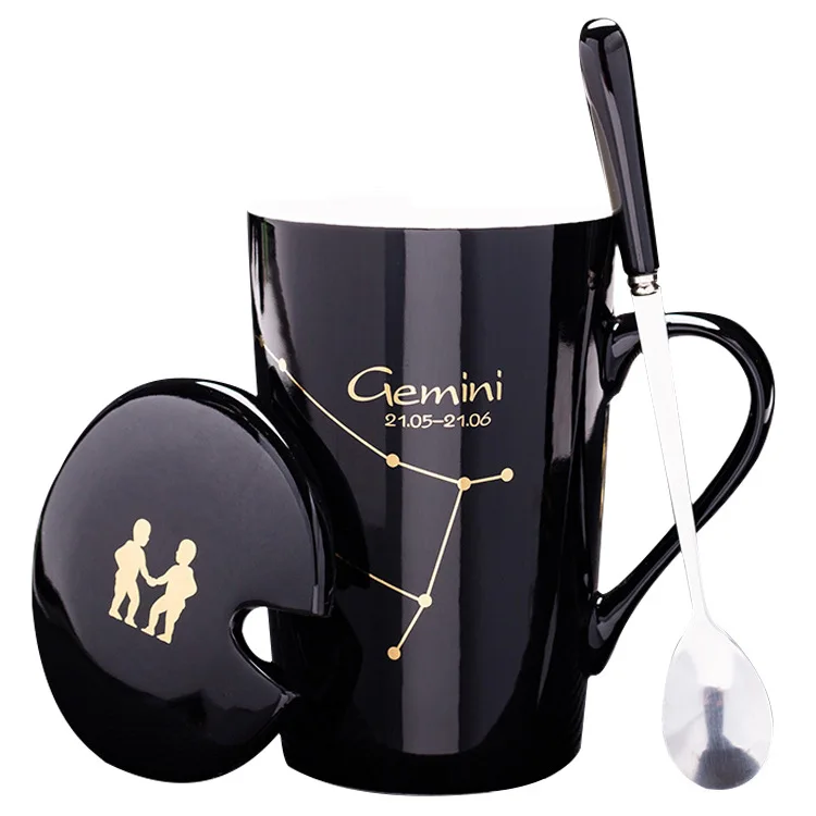 

Wholesale Cheap Price White Black 12 Constellations Gold Pattern Ceramic Coffee Mug Gifts With Lid Spoon Handle For Souvenir