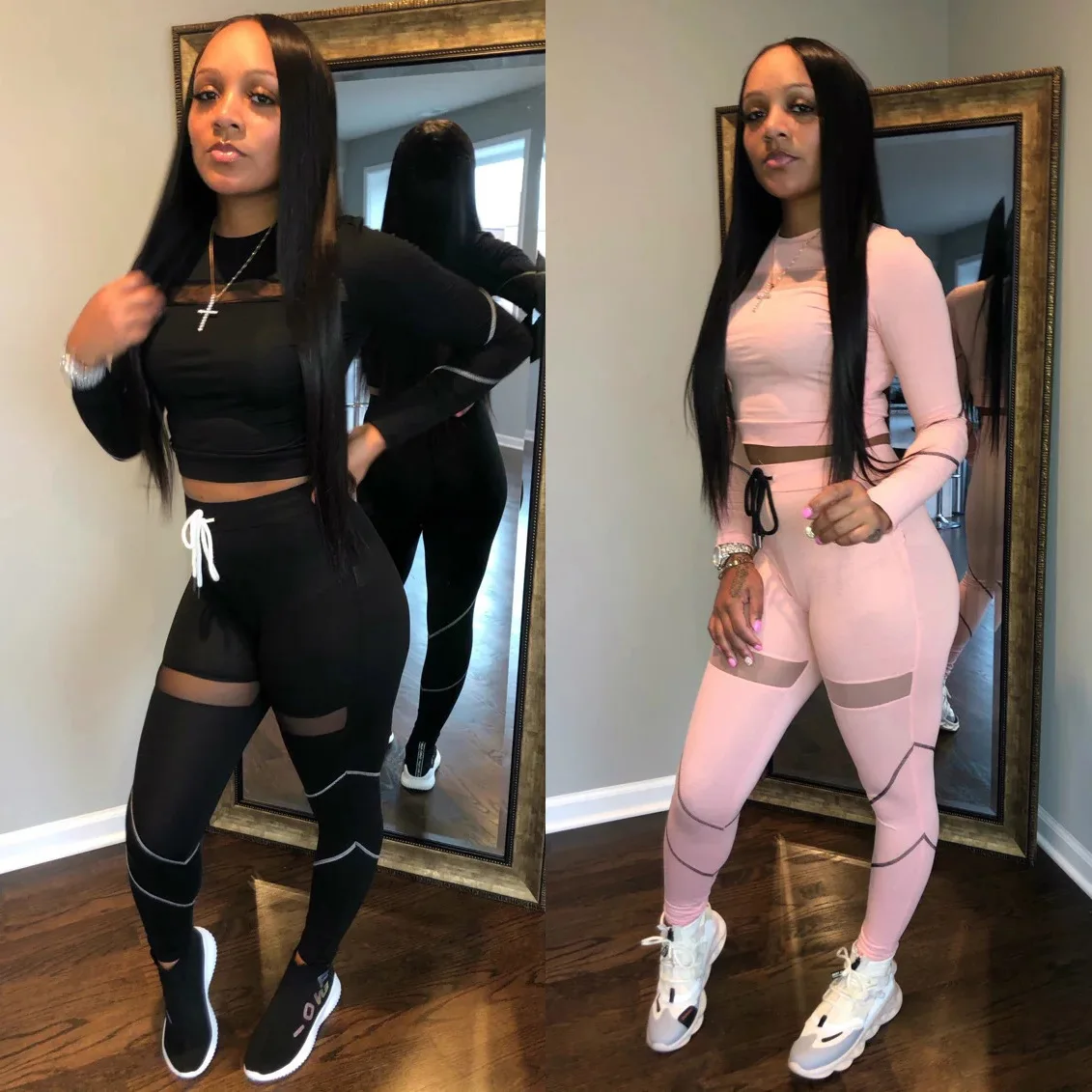 

mesh stitching sport fitness two piece jogger women workout set, Pink, black
