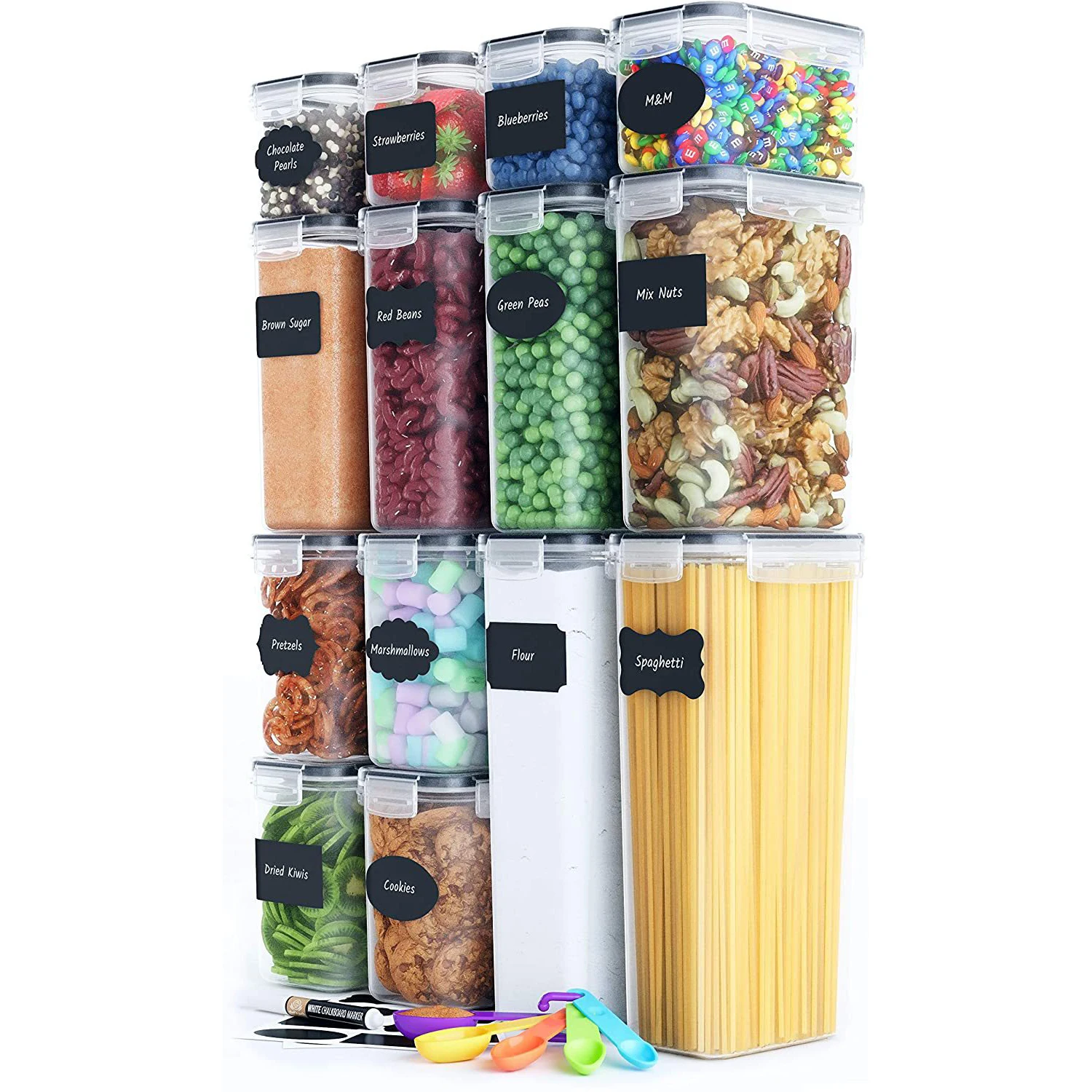 

14 Pack Plastic Food Cereal Dry Storage & Container Set with Free Chalkboard Label, Grey/blue/beige/black