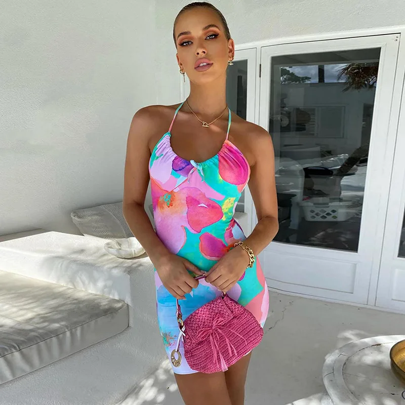 

H6425 - sexy fashion sleeveless halter printed backless women mini dress