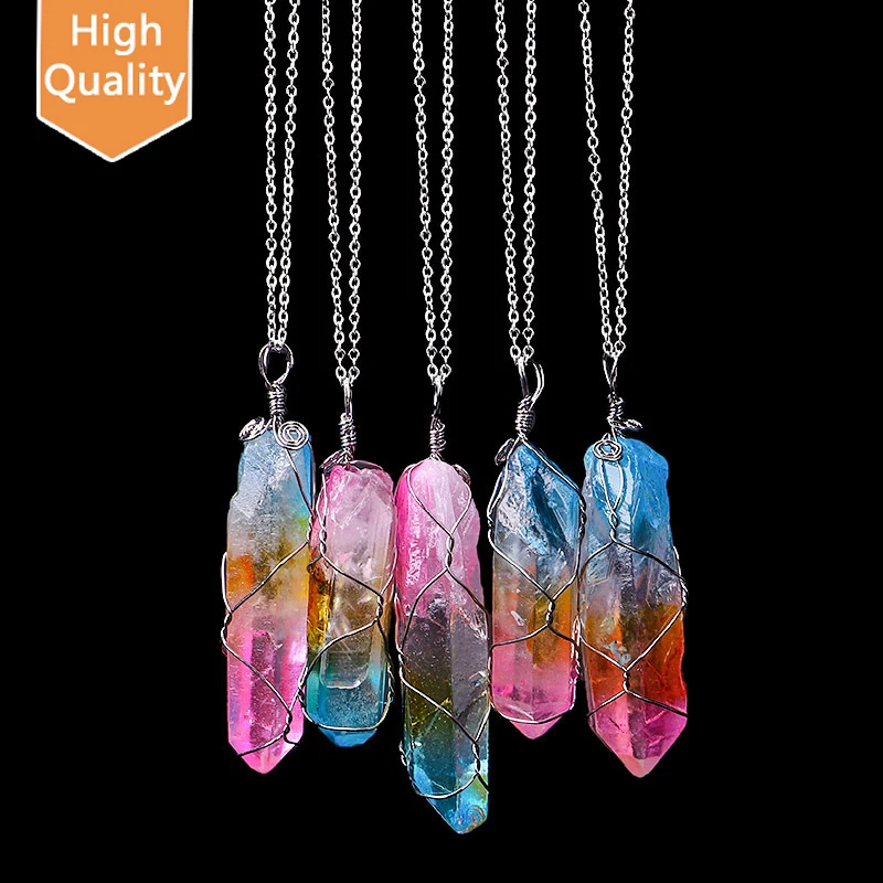 

new fashion Natural Rainbow Stone Pendant Healing Crystal Necklace Unisex Long Chain Tree of Life Jewelry Gift