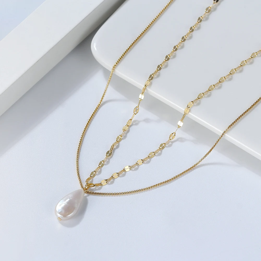 RINNTIN GPN15 Wholesale Box Chains Jewelry Double Layer Chain 925 Sterling Silver 14k Gold Plated Freshwater Pearl Necklace
