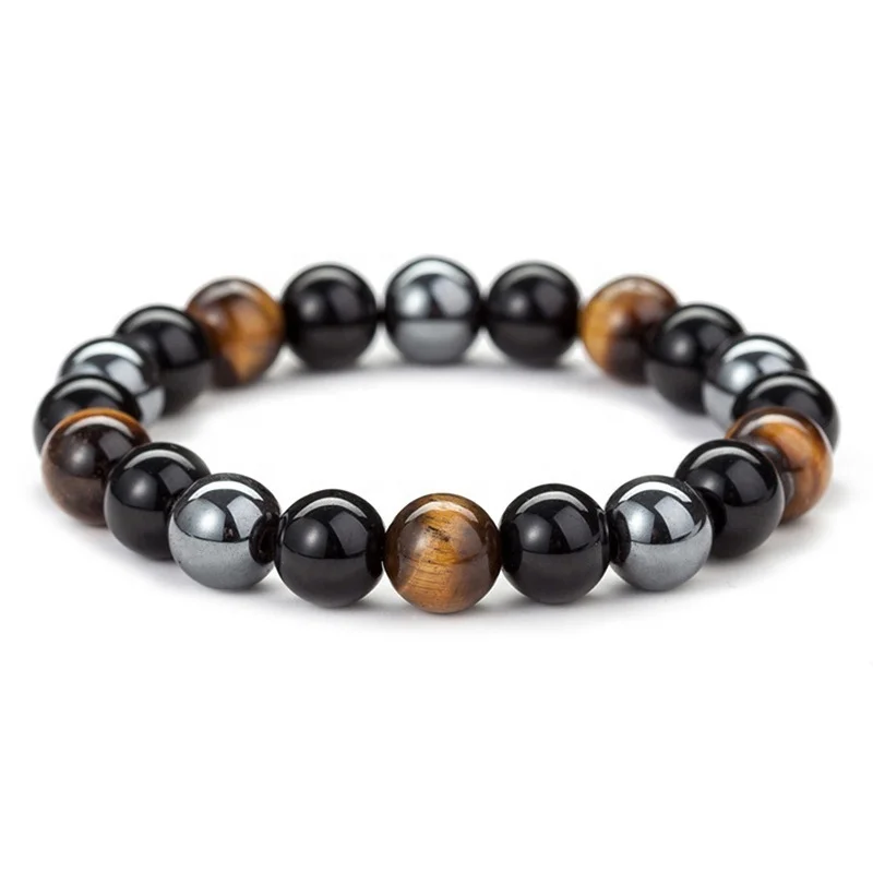 

Bring Luck And Prosperity Natural Hematite Black Obsidian Tiger Eye Stone Triple Protection Bracelet For Men Women