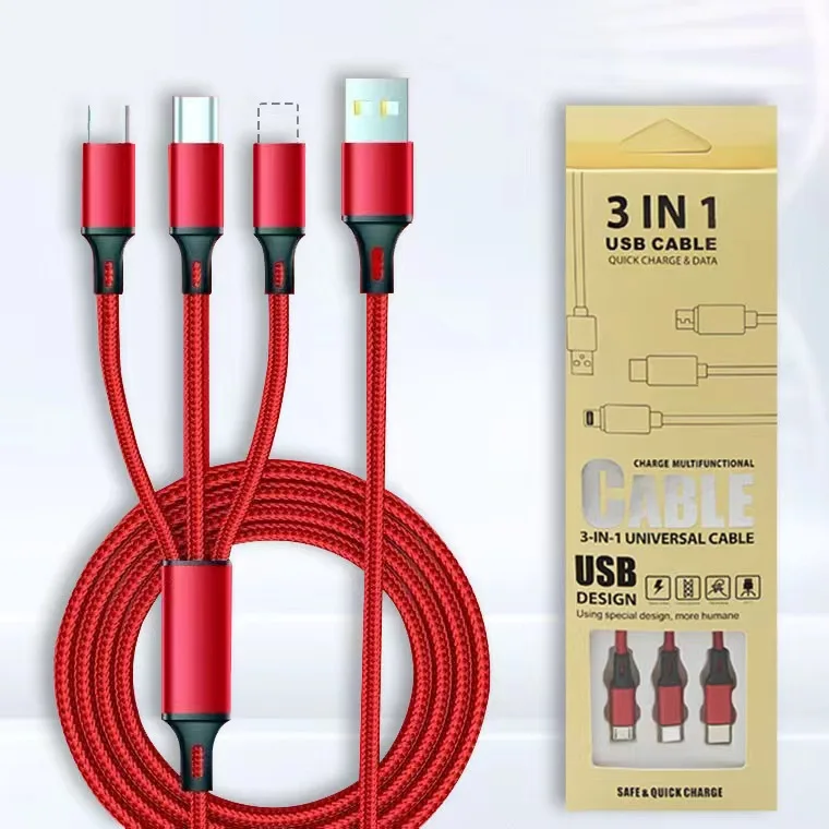 

OEM 1.2M 3 In 1 Micro USB Type C Charger Cable Multi Usb Port nylon braid Usb Charging Cable For Mobile Phone Cables