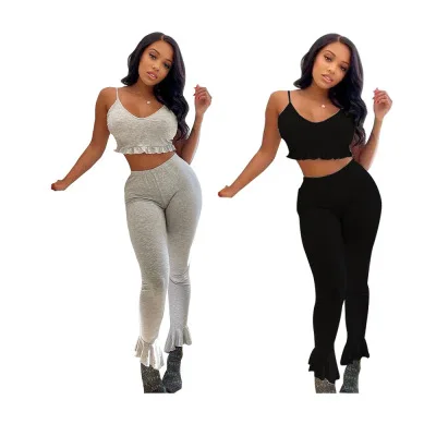 

ZMH846 strap V neck Casual Solid Home Suit women Ruffles Crop Top