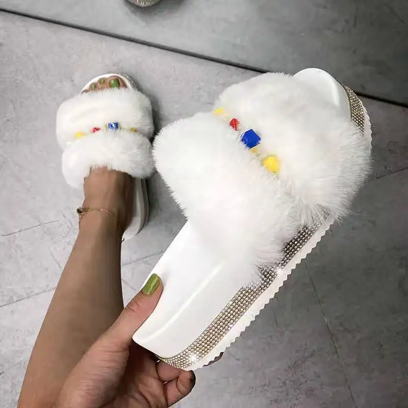 

Woman Fashionable Winter Fluffy Retro Denim Women Flat Plush Slippers Sexy Fashion Roman Rhinestone fashion fur slippers, Multiple colour