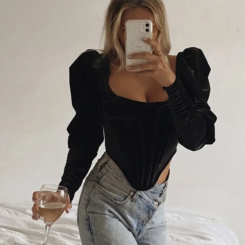 

Square Collar Puff Long Sleeve Shirt Vintage Tops 2021 Fall Corset Women Tops Elegant Black Velvet Blouses Shirts