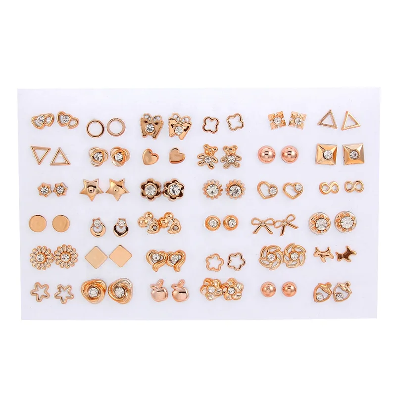 

Wholesale 36 Pairs Gold & Silver Colorful Rhinestone Hollow Flower Cute Bear Animals Mix Style Stud Earrings Set For Women Girls, Picture show