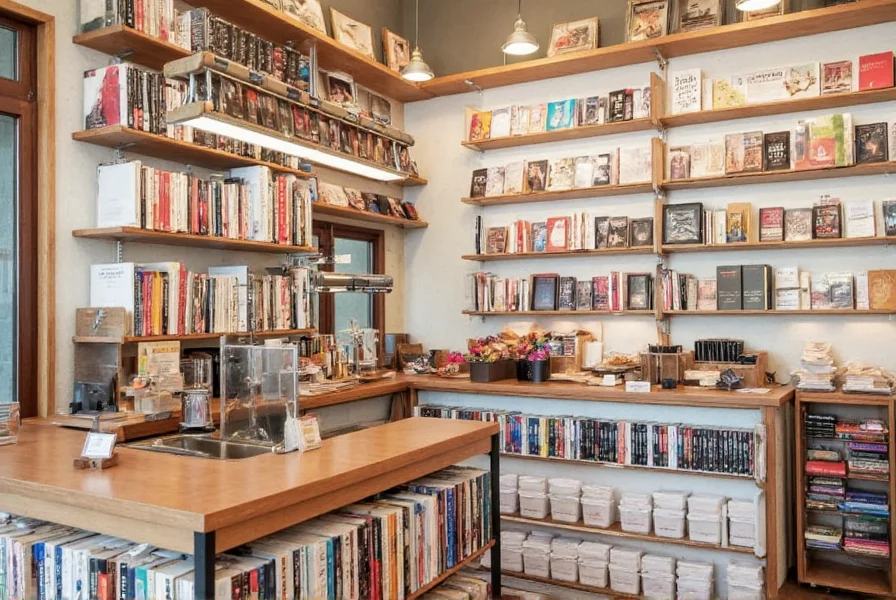 Barista preparing coffee while customer selects books in a bookstore with visible cinnamon bun display