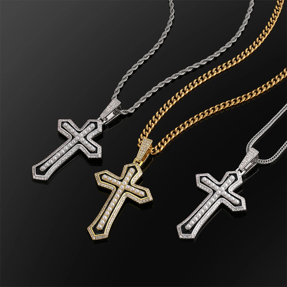 

KRKC Popular Gold Plated White Cross Necklace Pearl Pendant Jewerly Fashion Lady CZ Diamond Pearl Cross Necklace