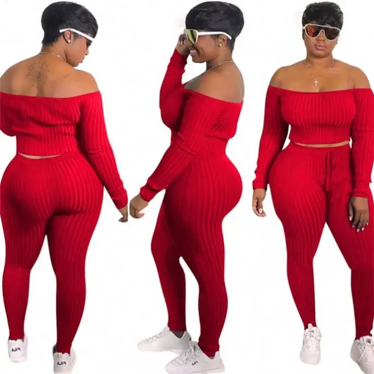 

Fall Clothing Knit Sexy Off Shoulder Sports Wear Women Plus Size Two Pieces Set