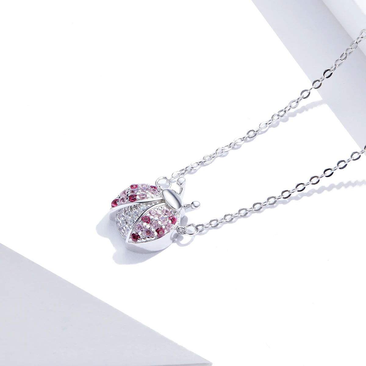 

New Style Pink Cz Ladybug Insect Pendant 925 Sterling Silver Choker Necklace