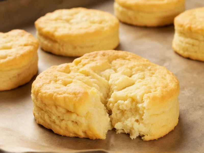 Golden homemade biscuits on baking sheet