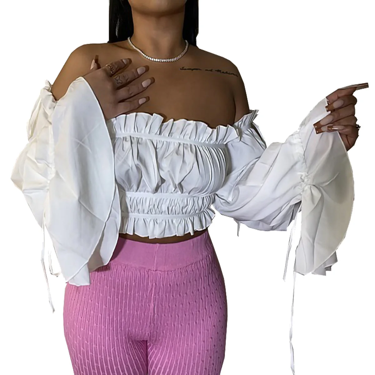 

2022 Custom Logo Solid Flare Sleeve Off Shoulder Crop Blouse Women Stringy Selvedge Cropped Off Shoulder Blouse