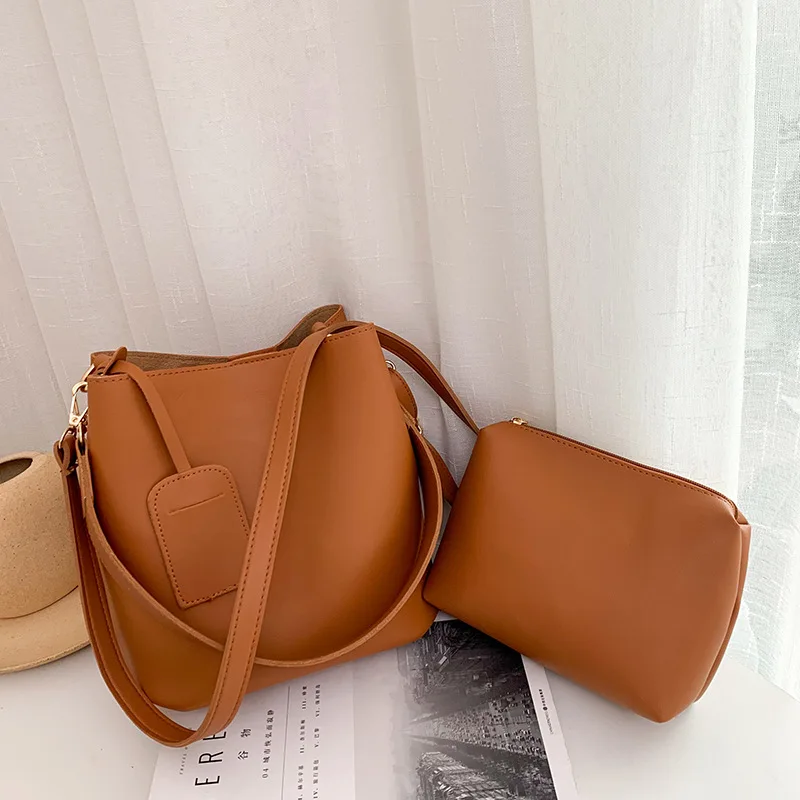 

2021 Fashion Large Capacity Retro Bucket Bag Women Solid Color Pu Leather Shoulder Bag, Pure color