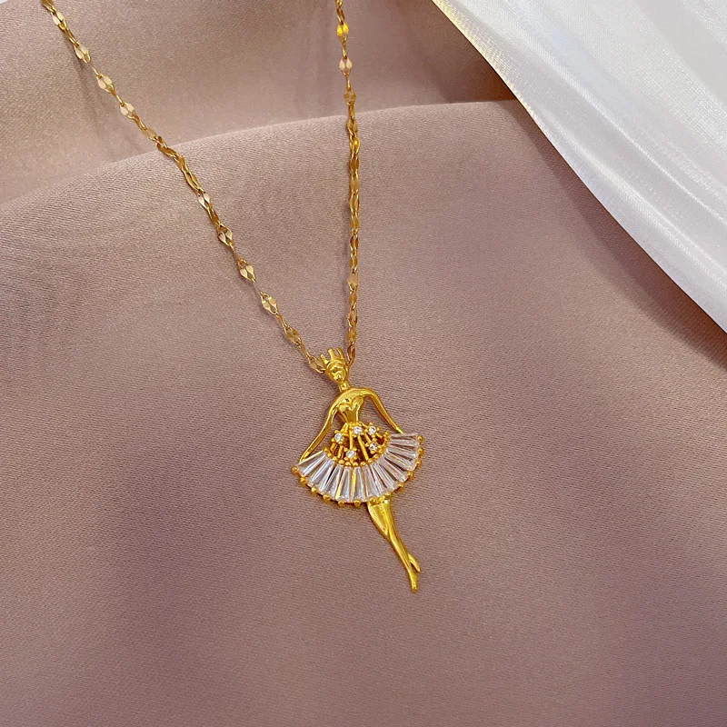 

Wholesale PVD 18K Gold Plated Stainless Steel Non Tarnish Free Waterproof Jewelry Ballet Girl Necklace Pendant Necklace