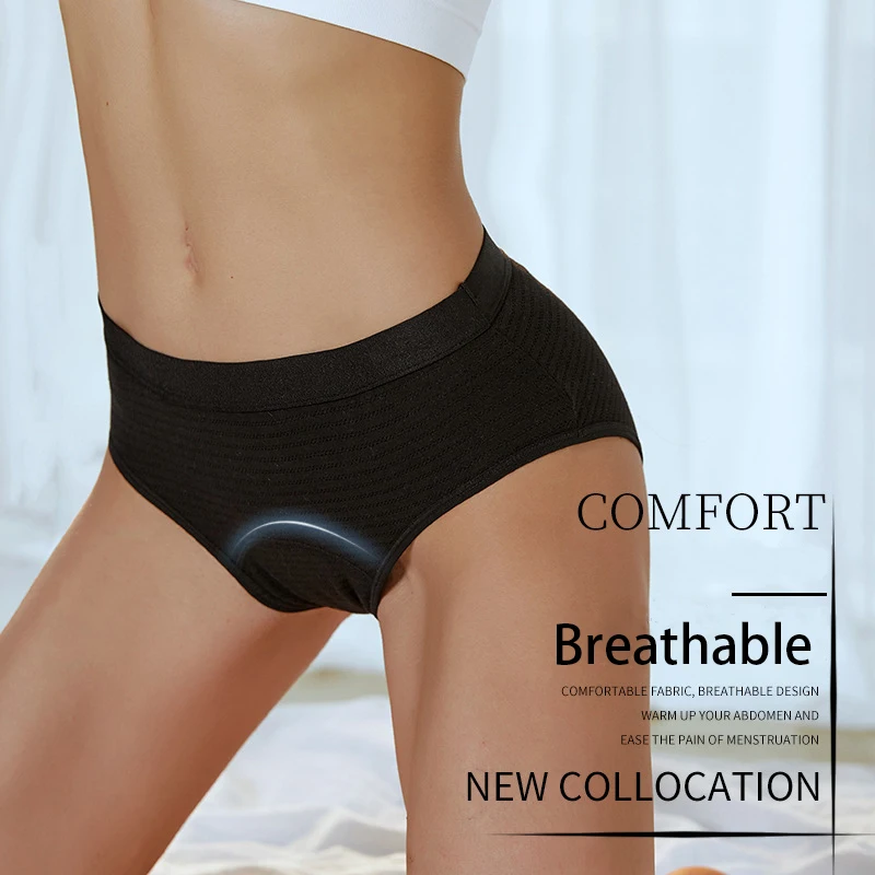 

XS-XL 6 Colors Ribbed Cotton Mid Waist Breathable Leakproof Panties 3 Layers Physiological Period Underwear