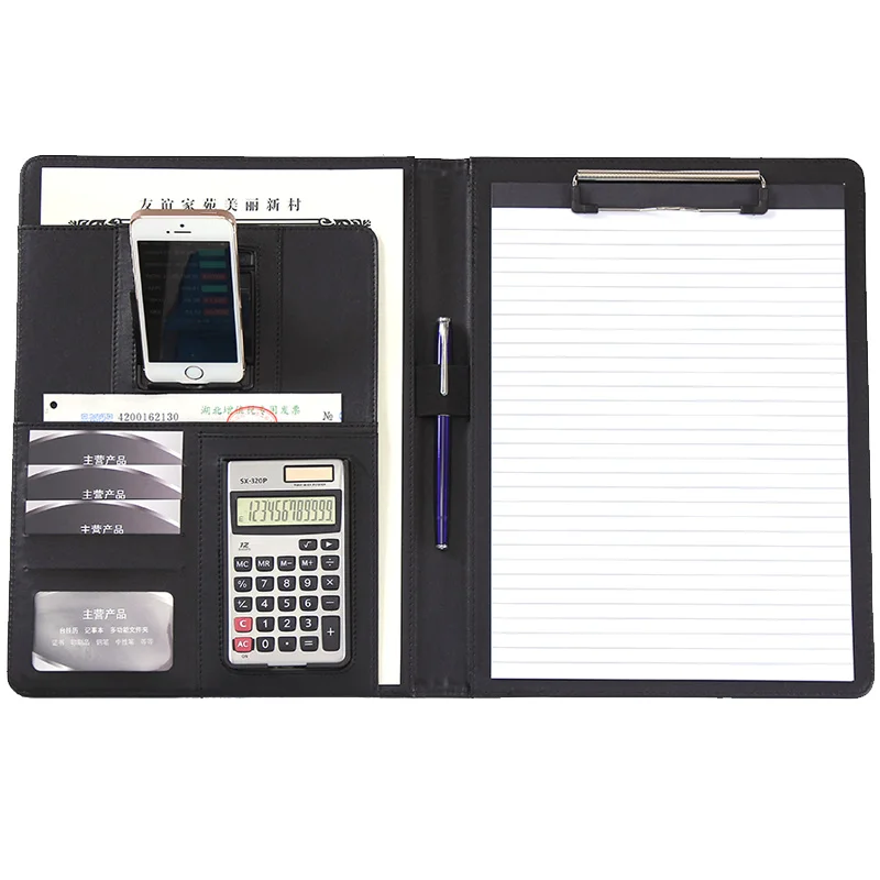 A4 Black PU Leather Clipboard Folder with Phone Holder Multi-Functional Business Conference File Folder for Filing Products