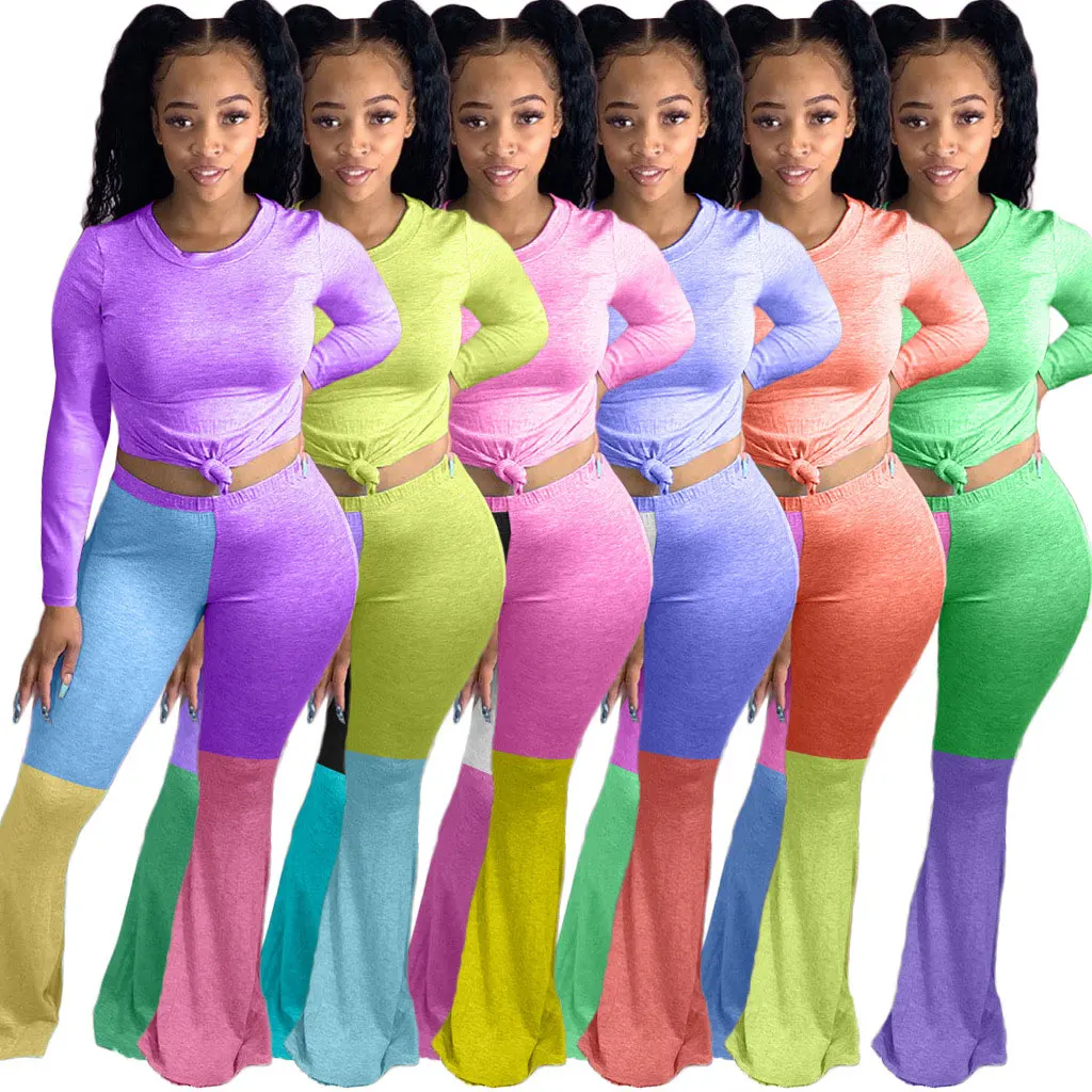 

20810-MX88 bodycon contrast color flare pants fall two piece sets women sehe fashion