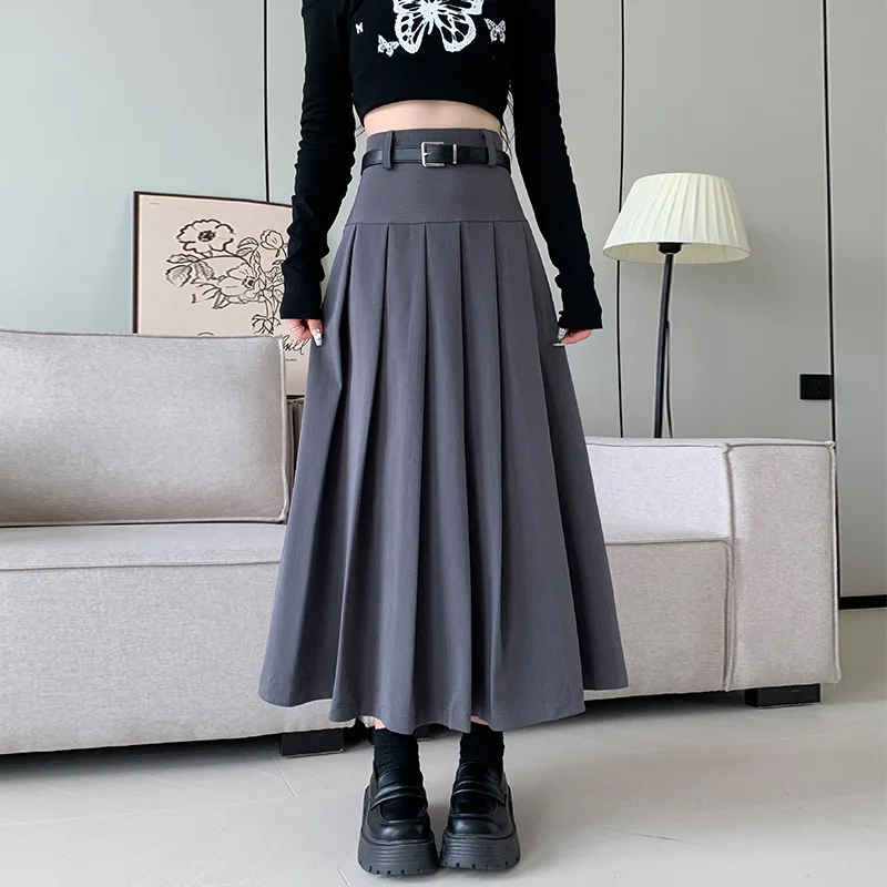 XS-XL Women's Autumn/Winter New Half Skirt Mid Length High Waisted Pleated Skirt Belt Ballet Swing A-line Skirt