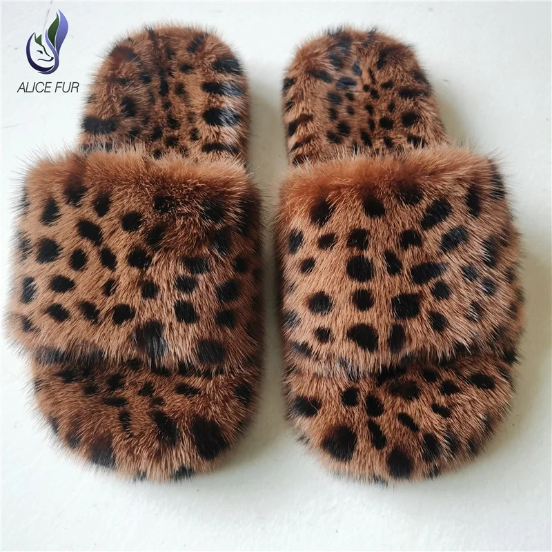 

Wholesale Indoor Women Real Mink Fur Slide Sandals Leopard design full covered mink fur slippers