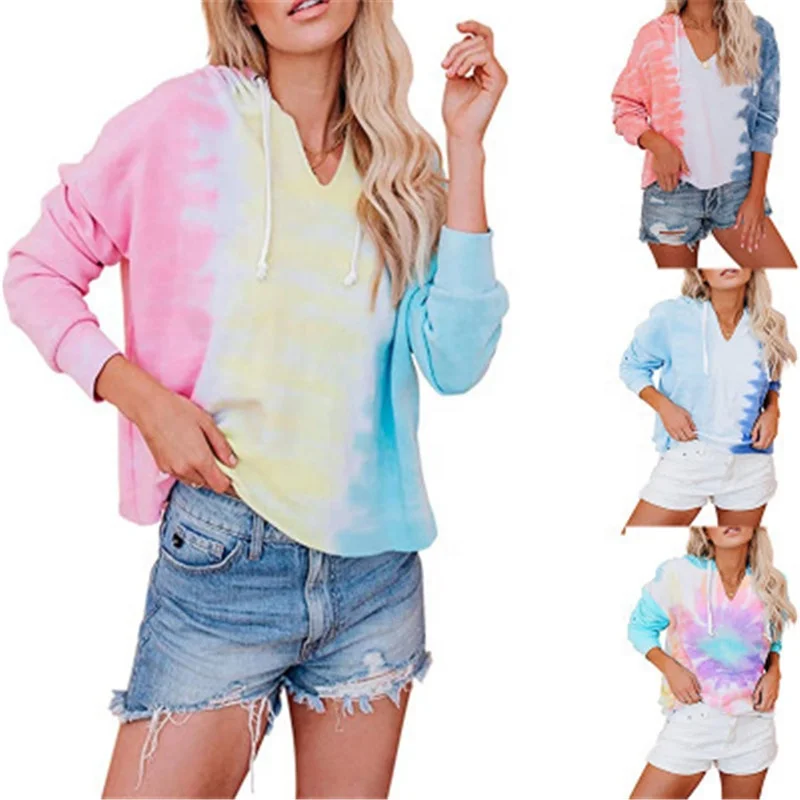 

Causal Long Sleeve Tie Dye Women's Hoodies V-Neck Hooded Pullover, Sunflower/blue/pink-yellow-blue/orange-white-blue