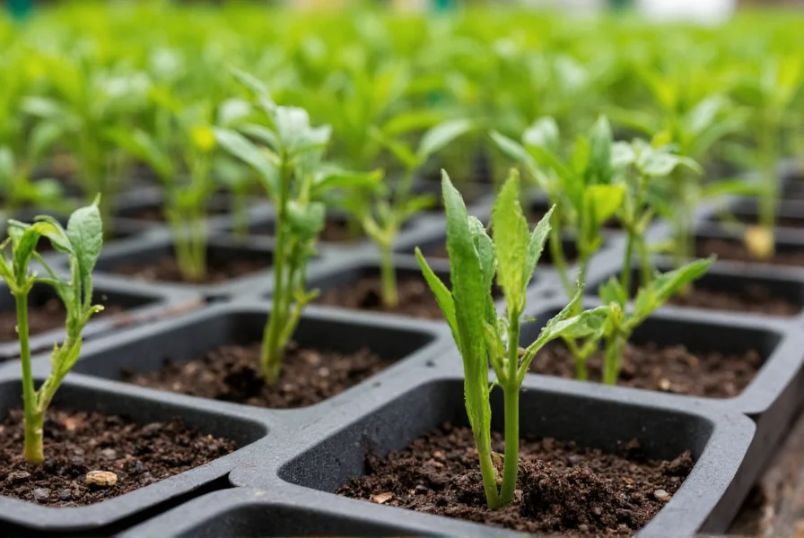 Close-up of pepper seeds being planted in seed starting trays with proper depth measurement