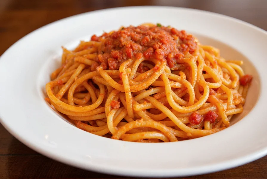 Traditional Italian pasta dish Spaghetti Arrabbiata with visible red chili flakes in tomato sauce