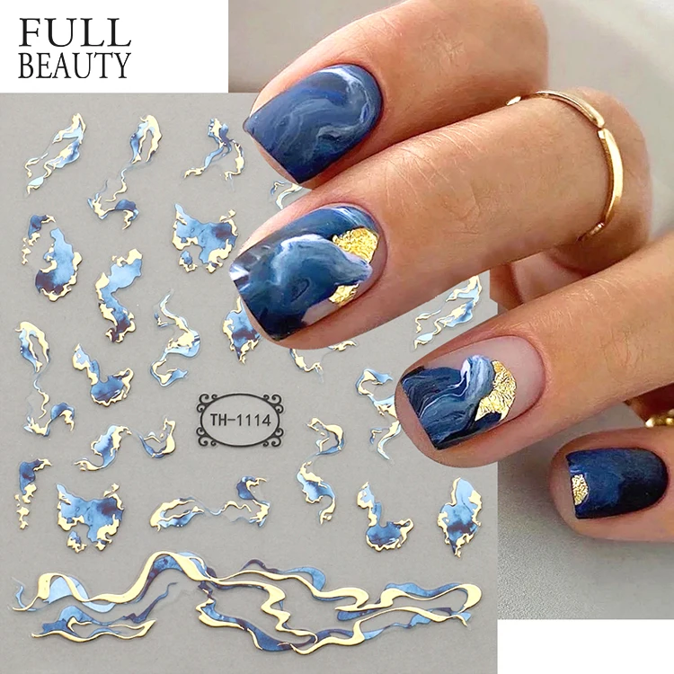 

TSZS Factory Hot Sales Marble Blue Nail Art Sliders Abstract Flowers Nail Decals Golden Wave Line Nail Sticker