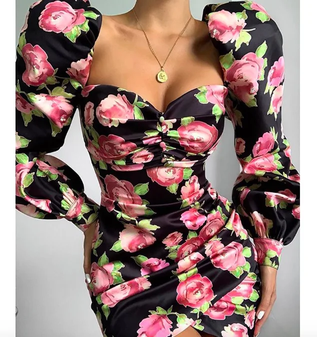 2019 Floral print vintage bodycon dress Puff sleeve mini autumn winter dress Women party night elegant dresses