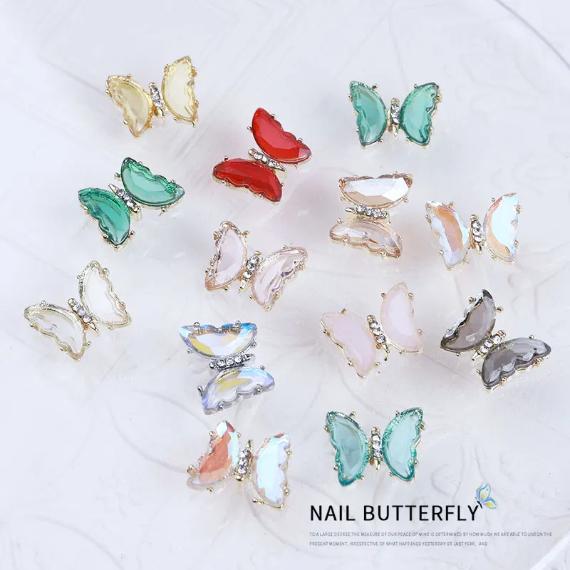 

2021 summer new style clear and translucent aurora glowing alloy frame butterfly 3d crystal butterfly DIY nail jewelry