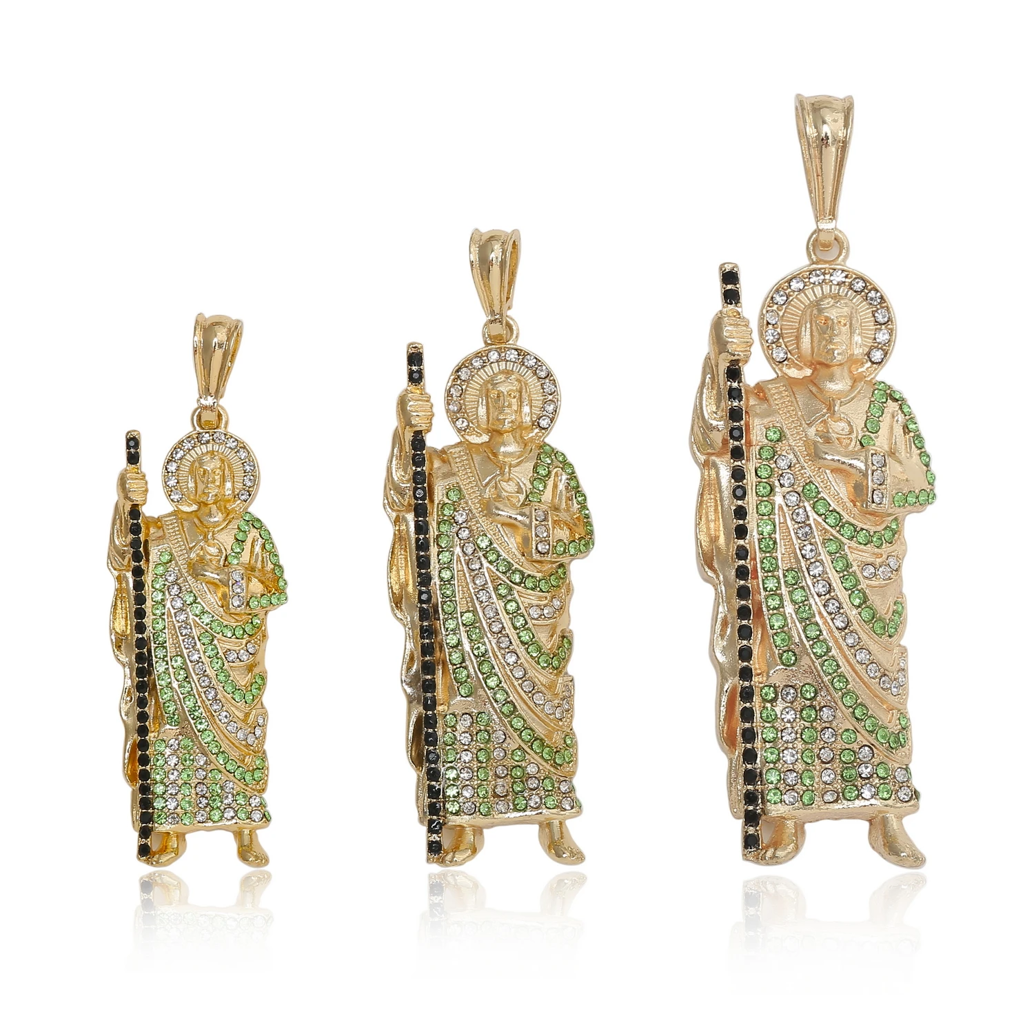 

The Apostle oro laminado 14k green iced out various size san judas Charms for Religious necklace pendant